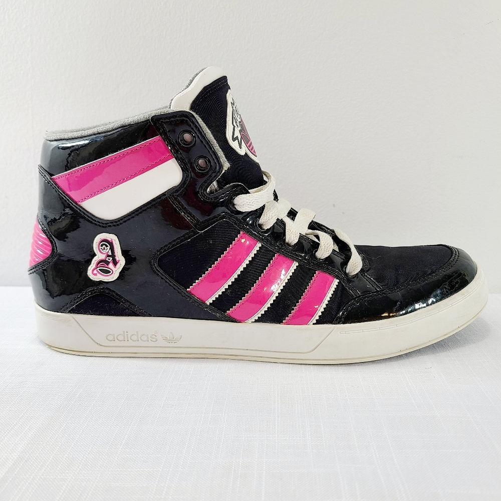 Adidas Shiny Black and Pink Hi-Top Sneakers